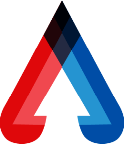 A red and blue icon representing the company's logo